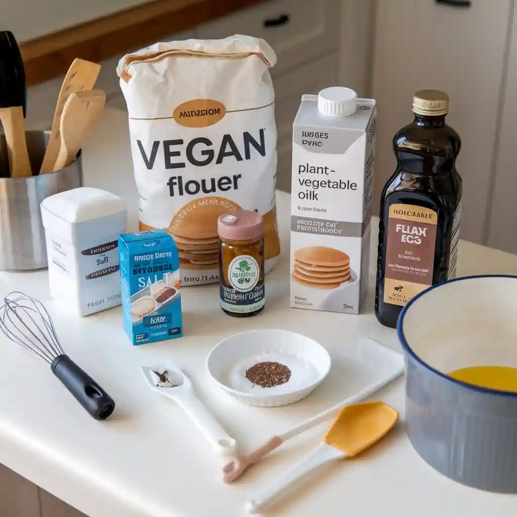 Ingredients for vegan pancakes laid out on a kitchen counter, including flour, sugar, baking powder, salt, plant-based milk, vegetable oil, and a flax egg.