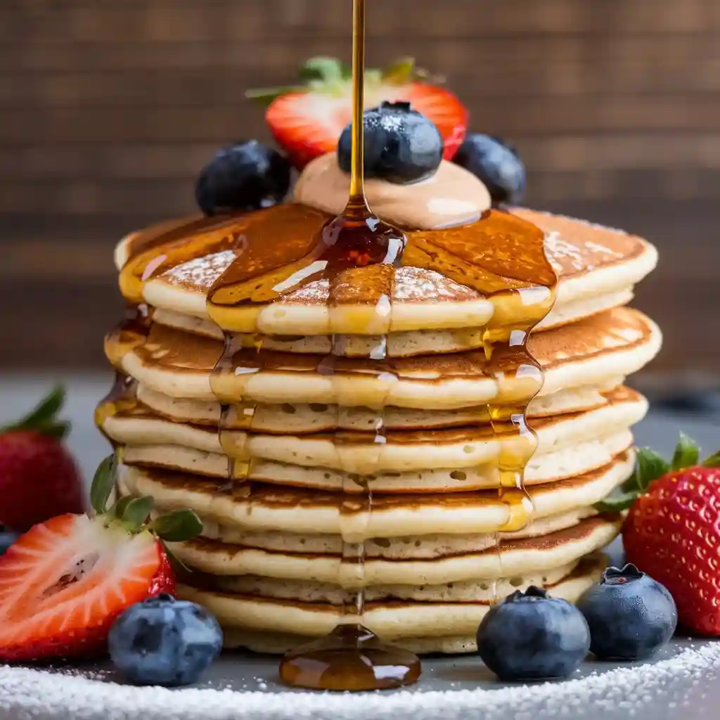 Stack of vegan pancakes with a variety of toppings, including banana slices, chocolate chips, and whipped coconut cream.