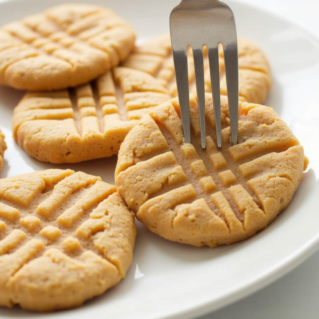 Vegan peanut butter cookies arranged on a plate with a crisscross pattern.
