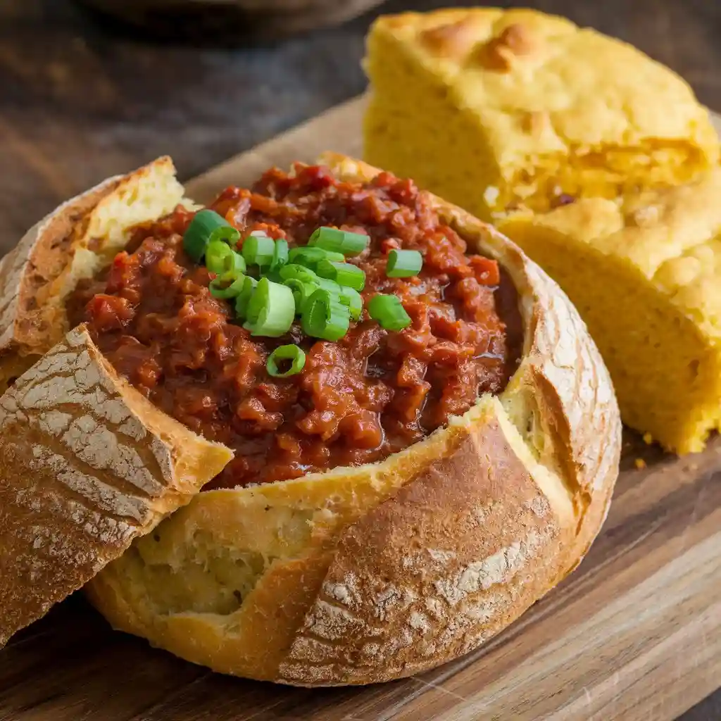 Vegan venison chili served in a bread bowl, with a side of cornbread and a sprinkle of chopped green onions.