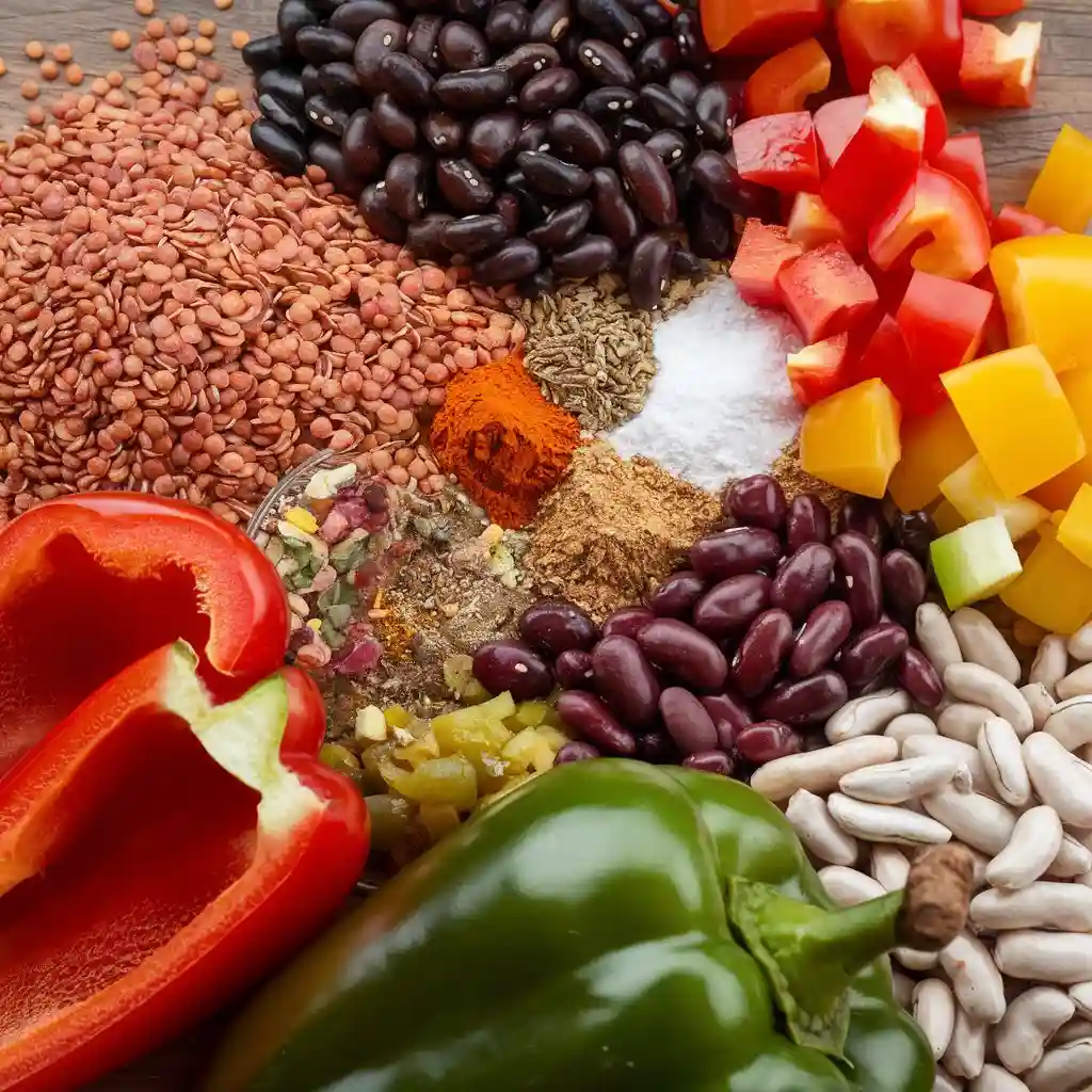 An assortment of plant-based ingredients for vegan venison chili, including lentils, beans, bell peppers, tomatoes, and spices.