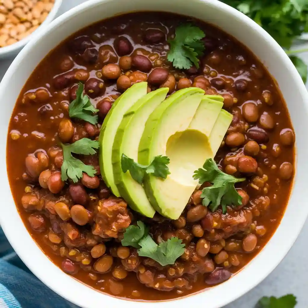 A hearty bowl of vegan venison chili with lentils and beans, garnished with avocado and cilantro.