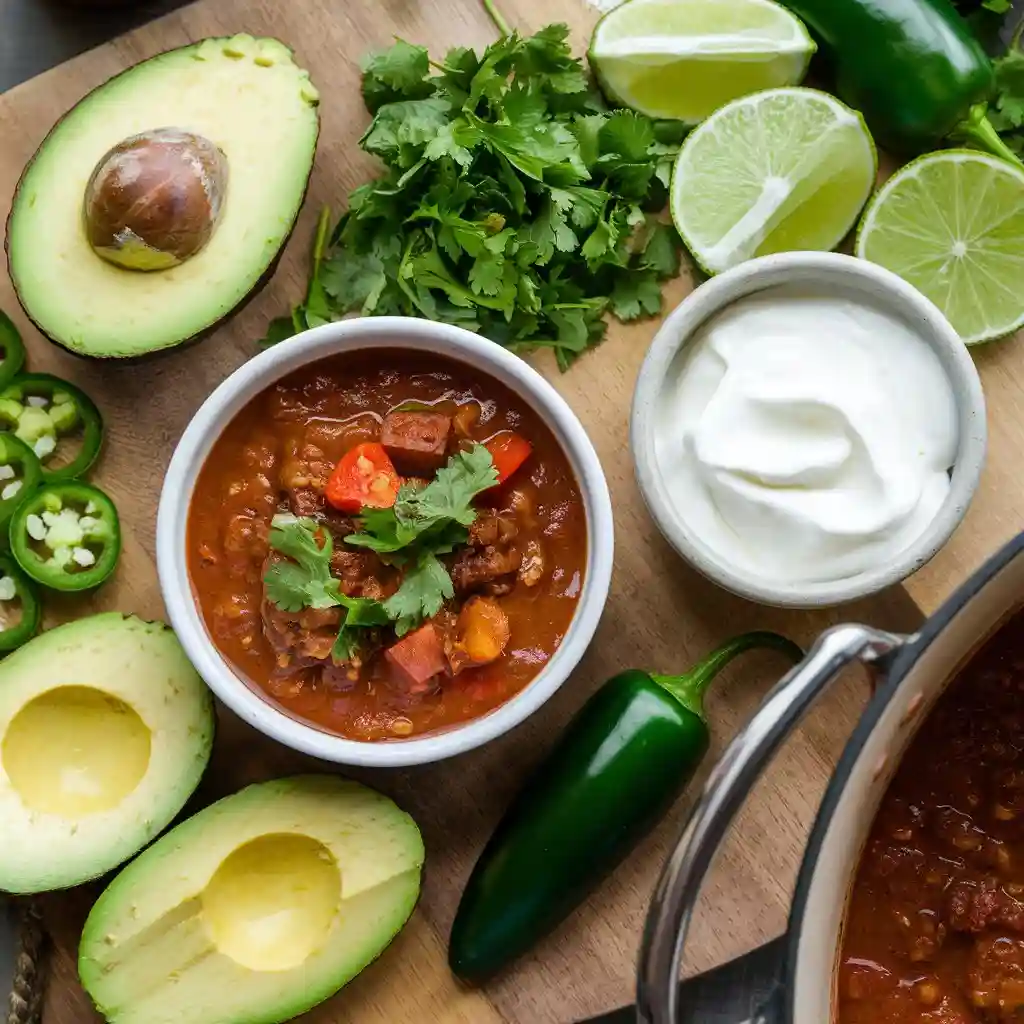 A variety of toppings for plant-based chili, including avocado, cilantro, lime wedges, and sour cream, arranged on a wooden board.