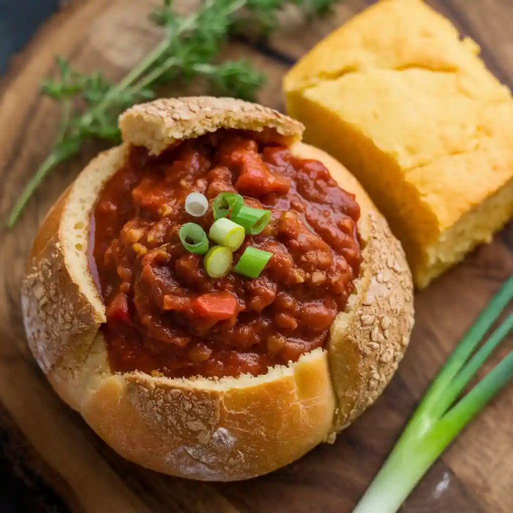 Plant-based chili served in a bread bowl, with a side of cornbread and a sprinkle of chopped green onions.