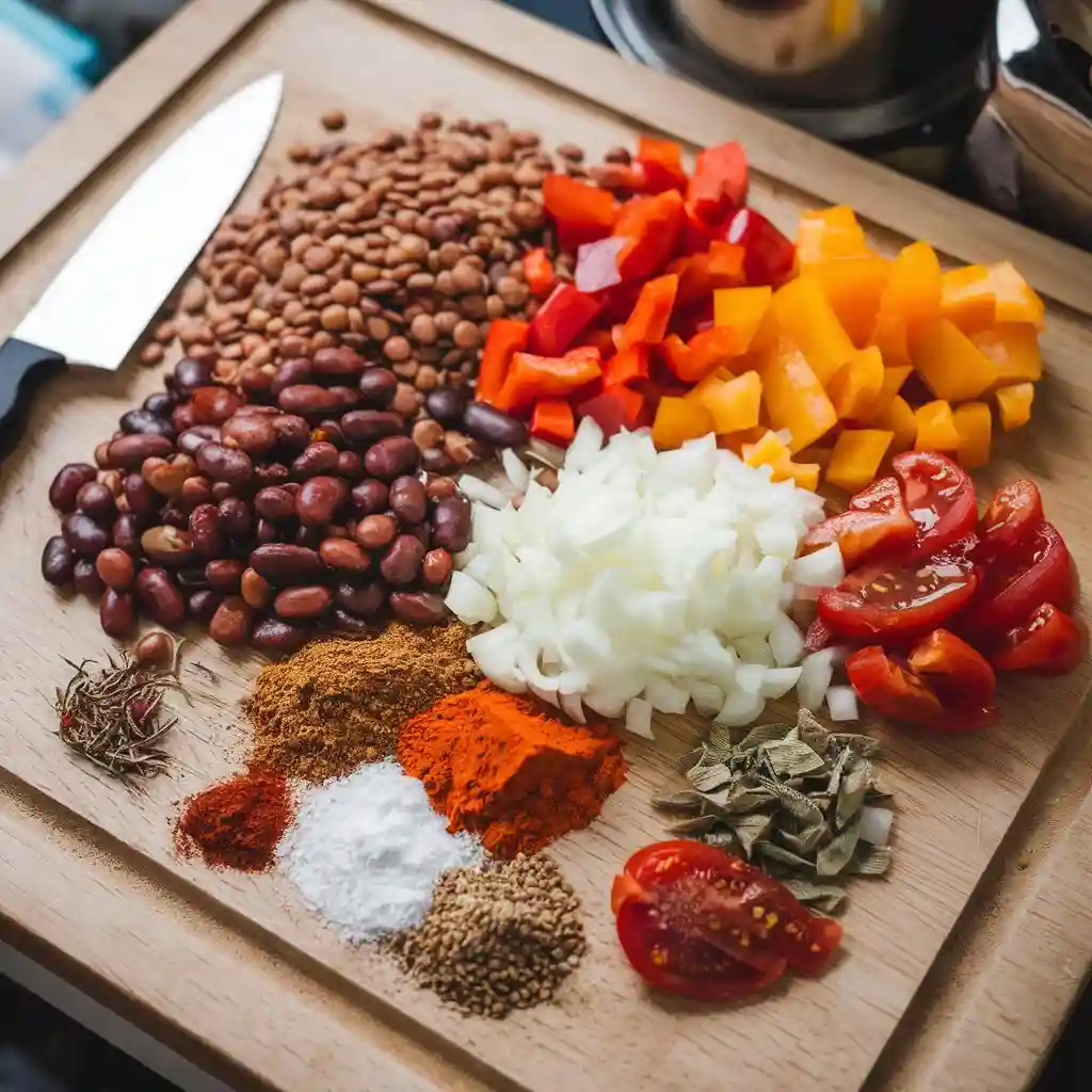 An assortment of ingredients for plant-based chili, including lentils, beans, bell peppers, tomatoes, and spices.