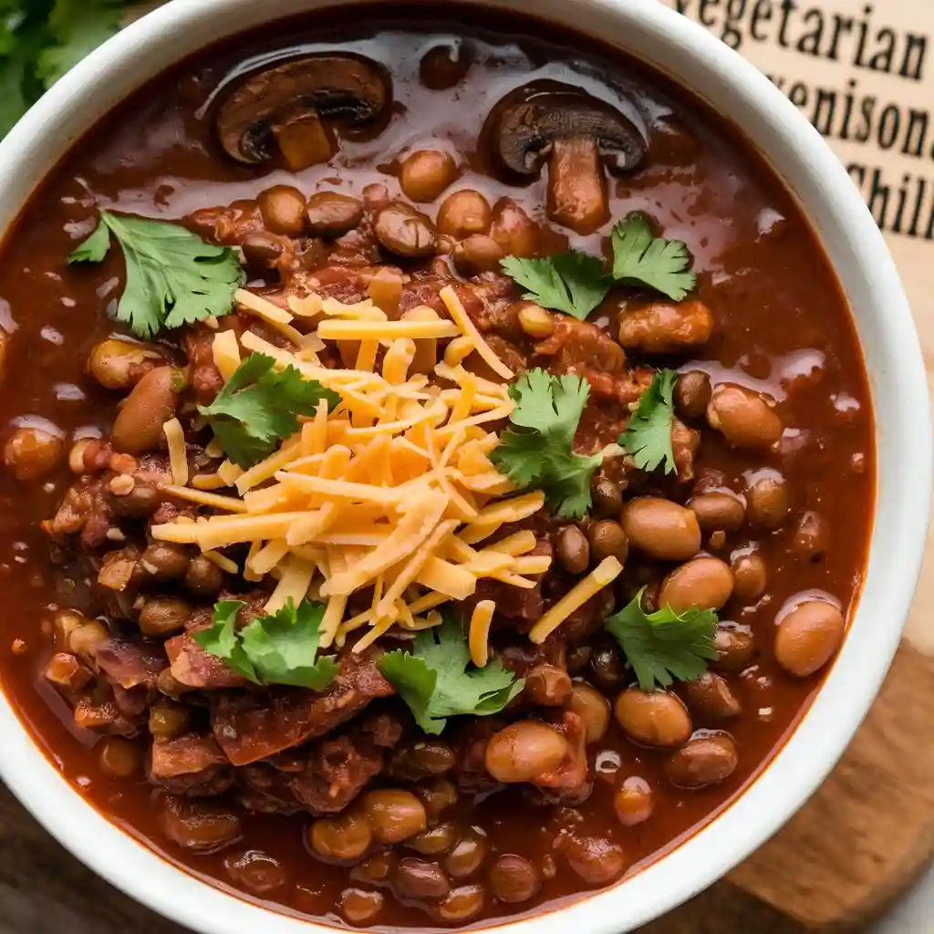 A hearty bowl of plant-based chili with lentils and beans, garnished with cheese and cilantro.