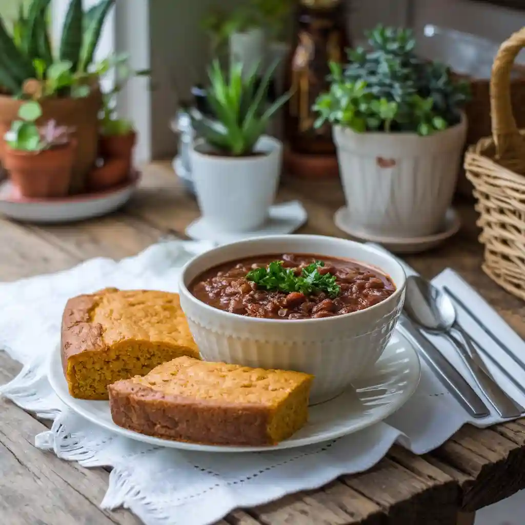 A serving of venison chili accompanied by gluten-free cornbread.