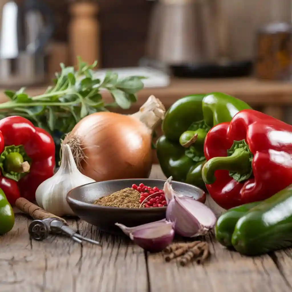 Fresh vegetables and spices like bell peppers, onions, garlic, and cumin.