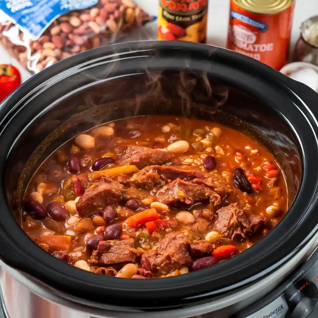 Venison chili cooking in a slow cooker, showing the rich, thick texture.