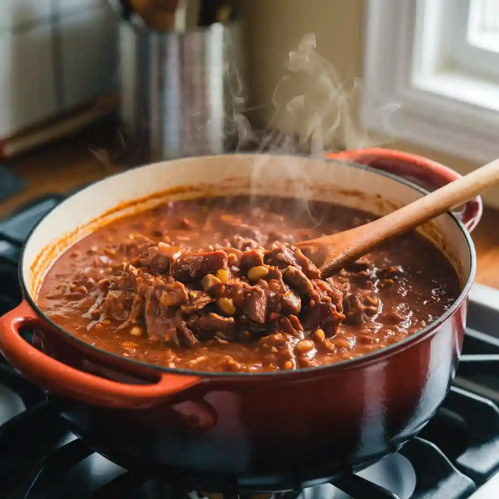 Venison chili being slow-cooked in a pot with steam rising.