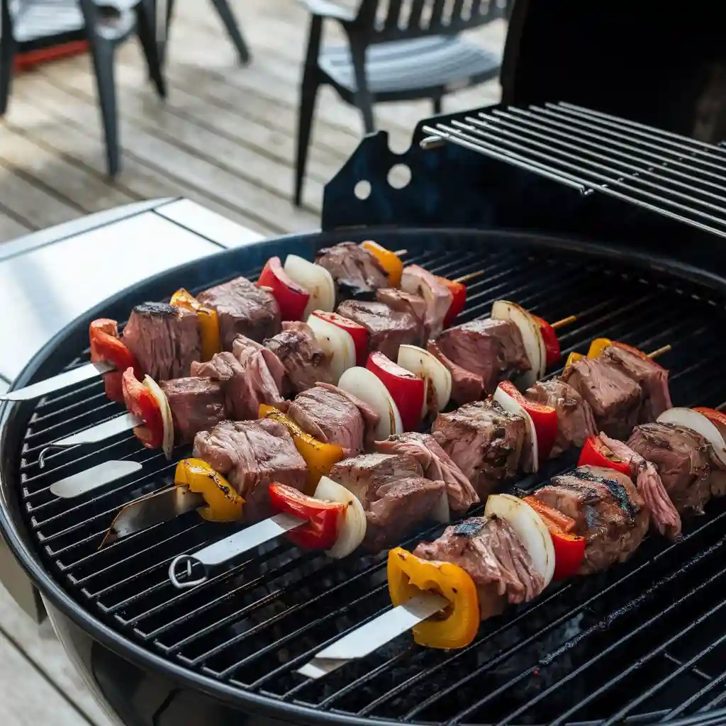 Venison kabobs with bell peppers and onions on a grill.