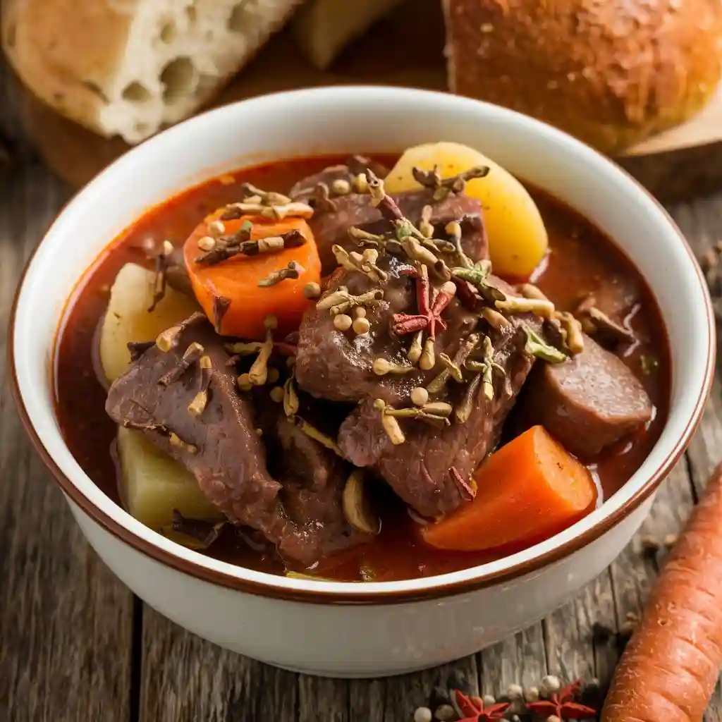 A hearty bowl of venison stew with vegetables, seasoned with various spices.