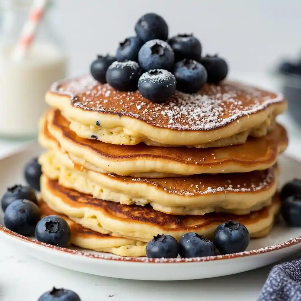 A plate of blueberry pancakes topped with fresh blueberries and powdered sugar.