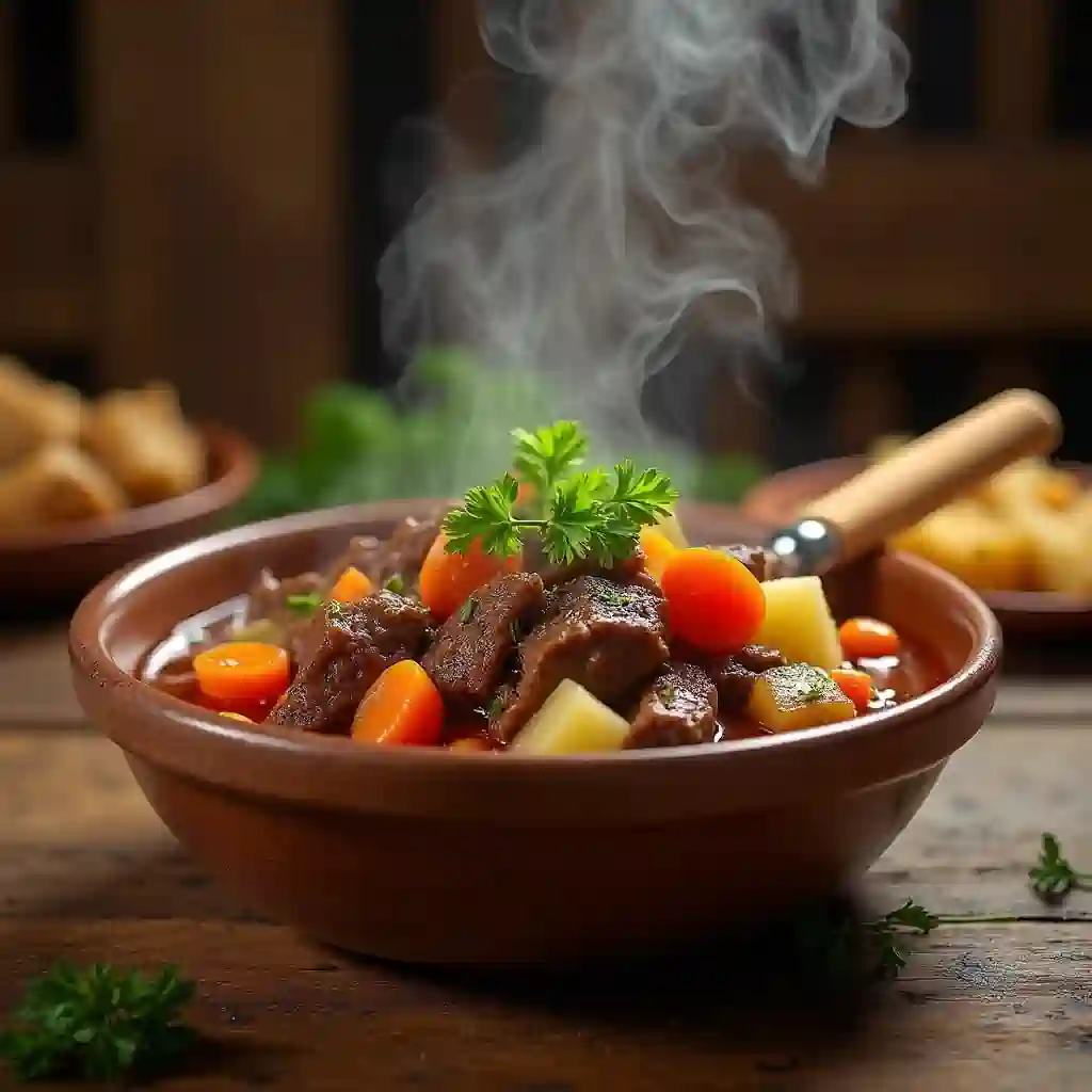Hearty beef stew recipe without wine in a rustic bowl