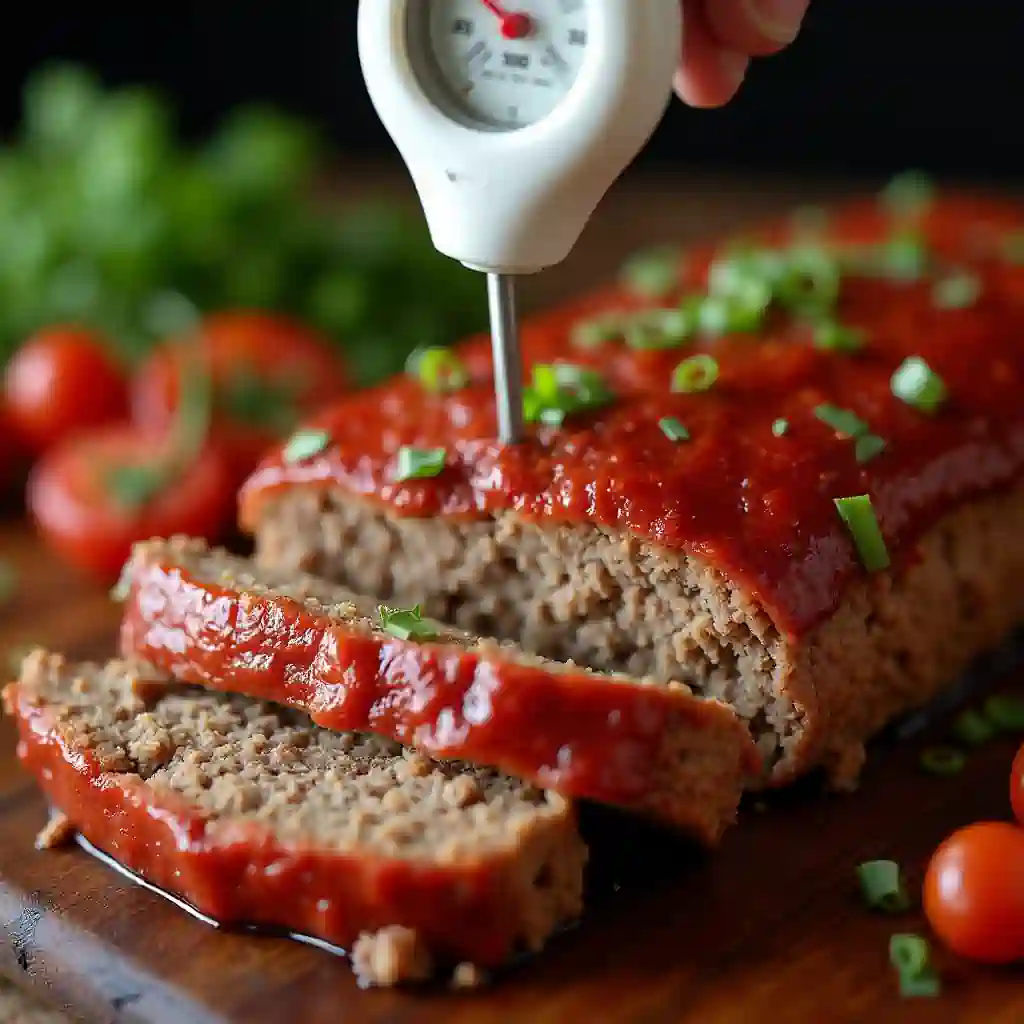 Meat thermometer checking the temperature of a meatloaf