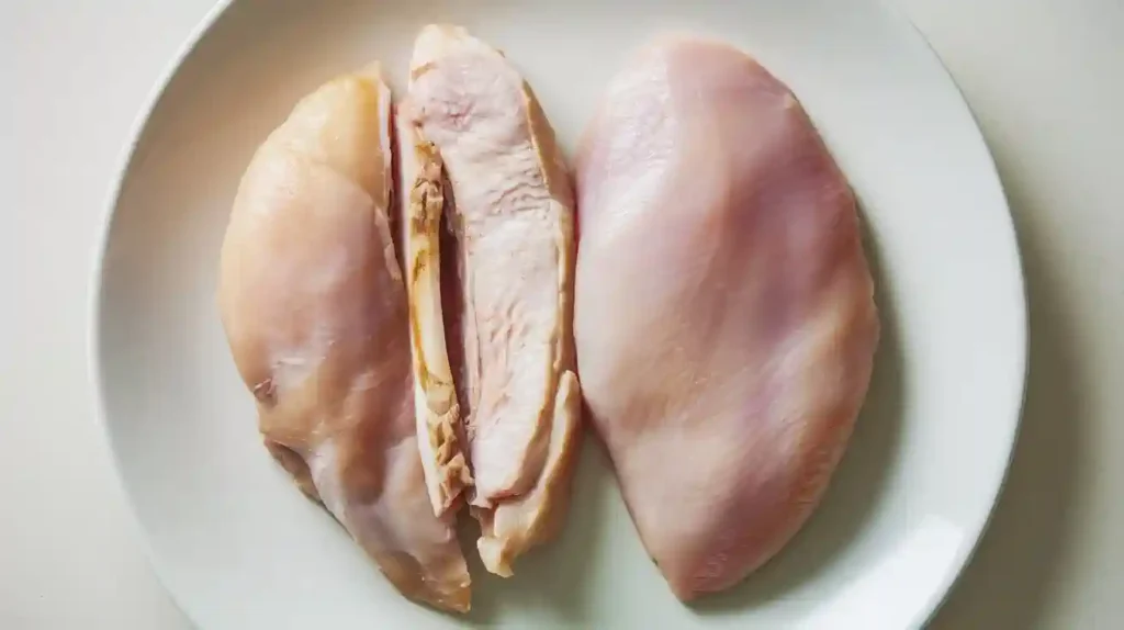Side-by-side comparison of split and boneless chicken breasts with nutritional information.