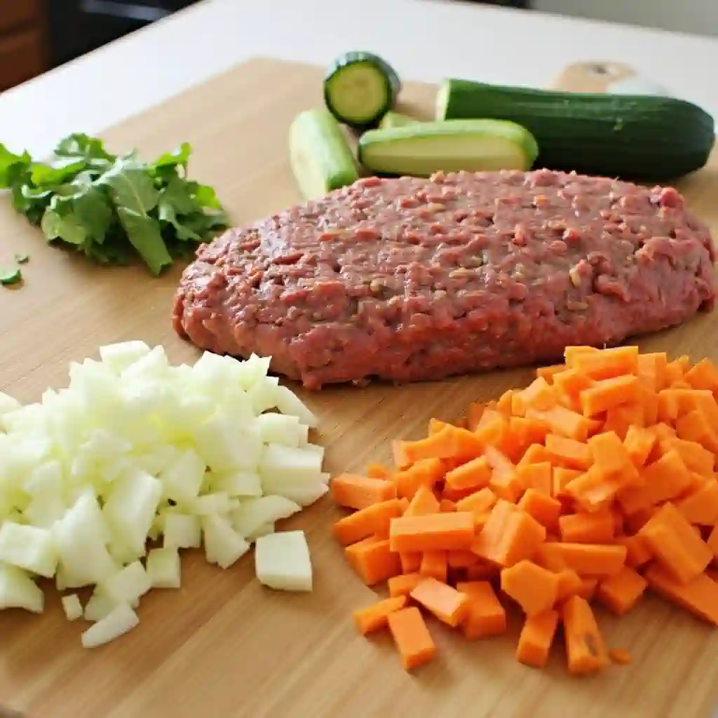 Chopped vegetables like carrots, onions, and zucchini ready for meatloaf