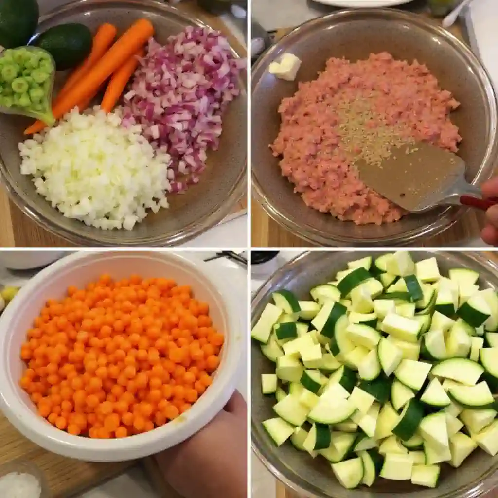 Chopped vegetables for meatloaf including carrots and zucchini