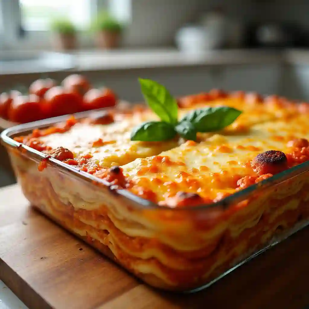 Golden lasagna in a clear baking dish with browned cheese on top.
