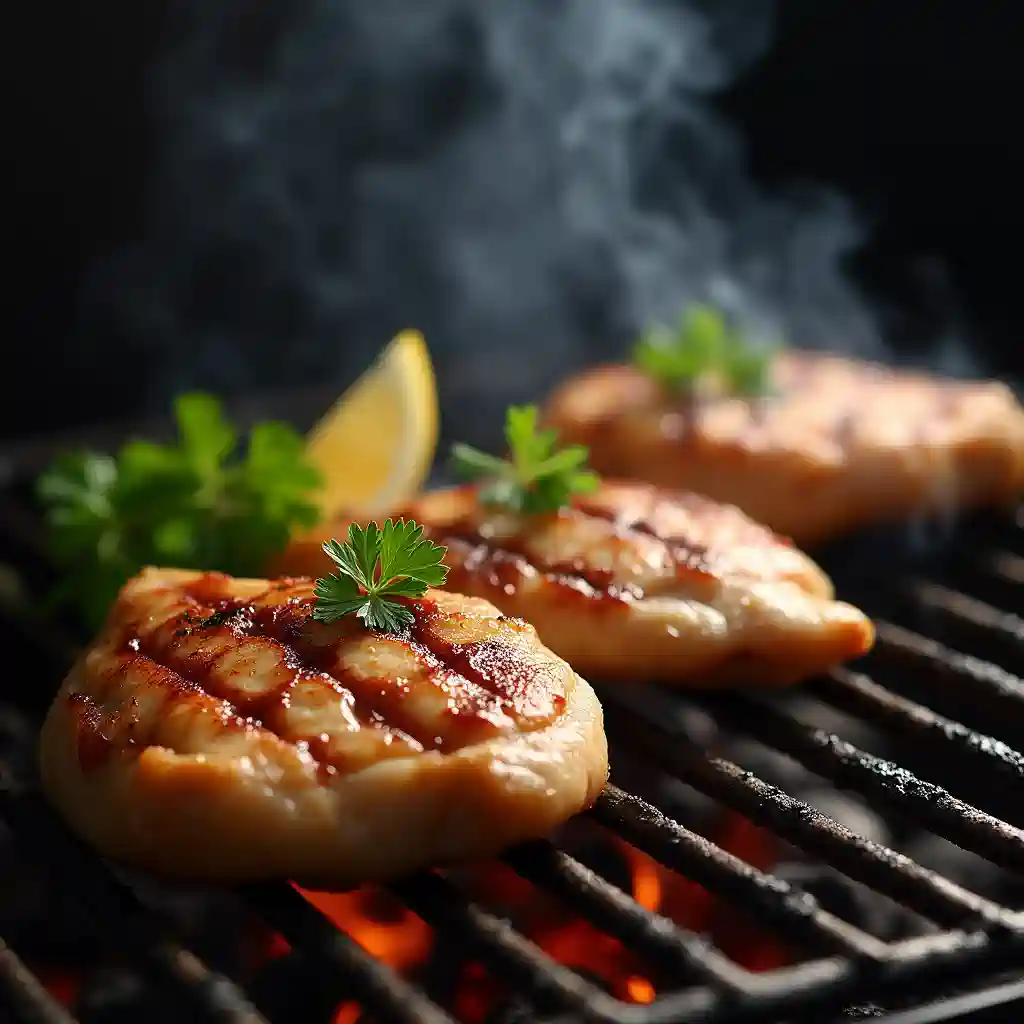 Split chicken breast cooking in a cast iron skillet with garlic and rosemary.