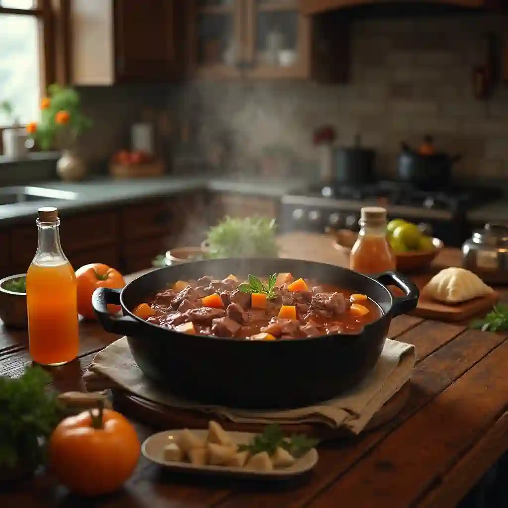 Rustic kitchen scene with beef stew and wine substitutes like broth and vinegar.