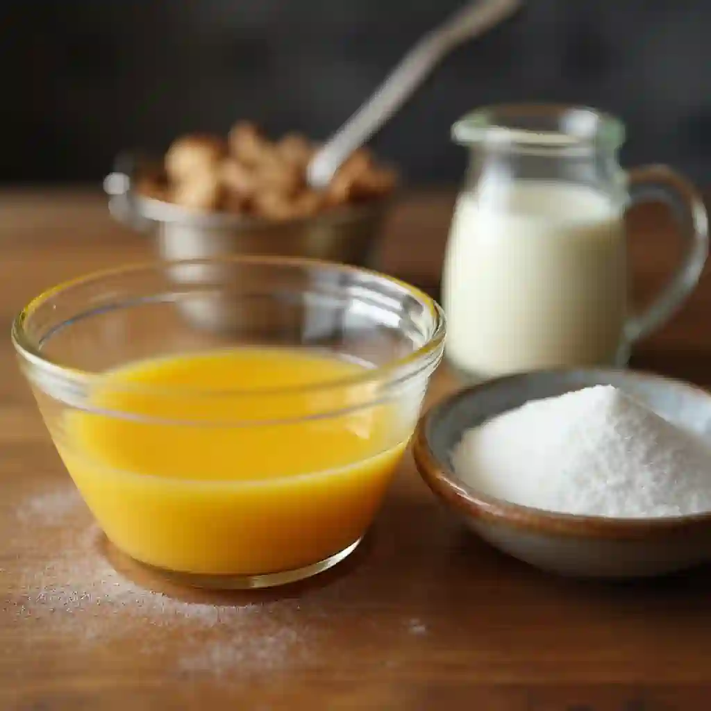 Egg yolks, cream, and sugar arranged on a wooden counter for crème brûlée.