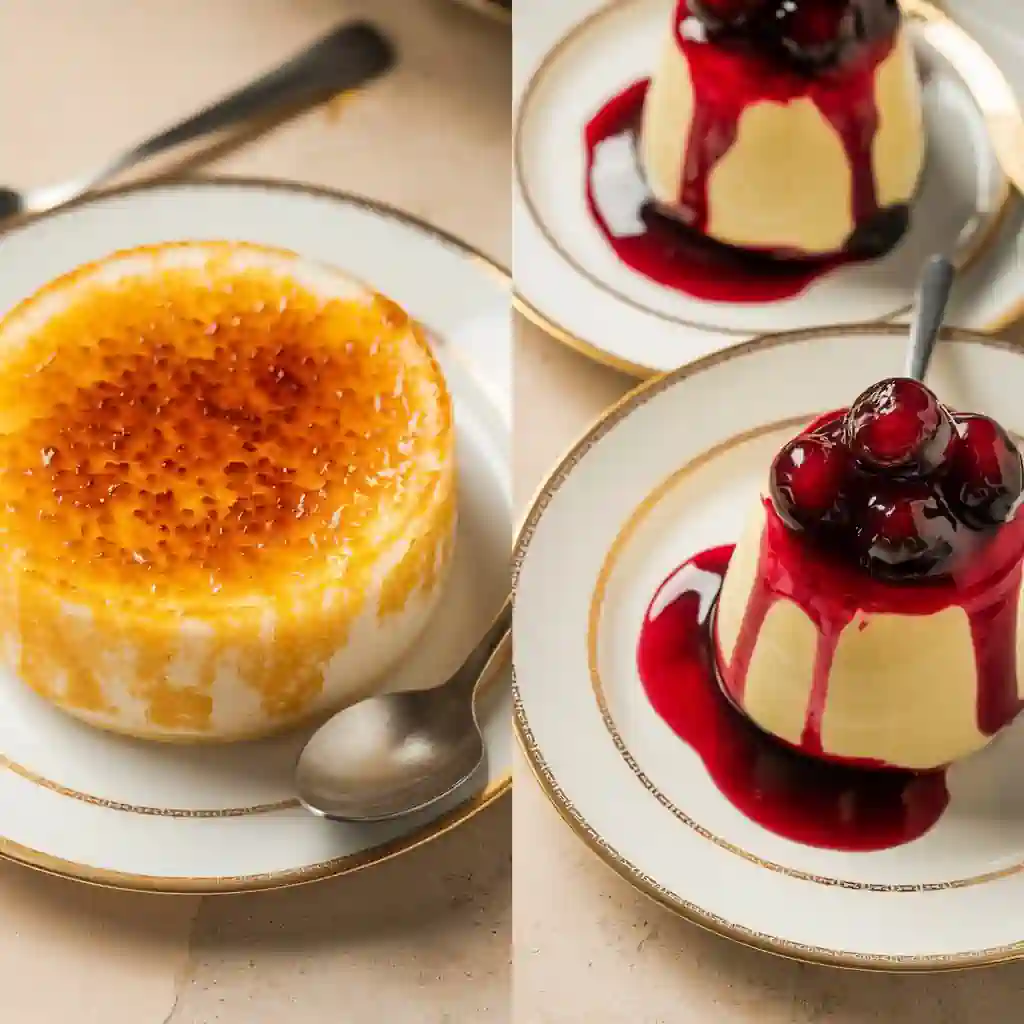 A cracking sugar on the crème brûlée beside a creamy custard topped with fruit.