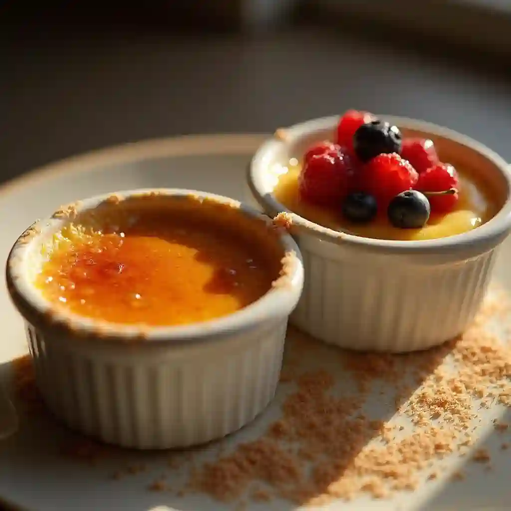 Crème brûlée with a caramelized top beside a bowl of custard garnished with berries.
