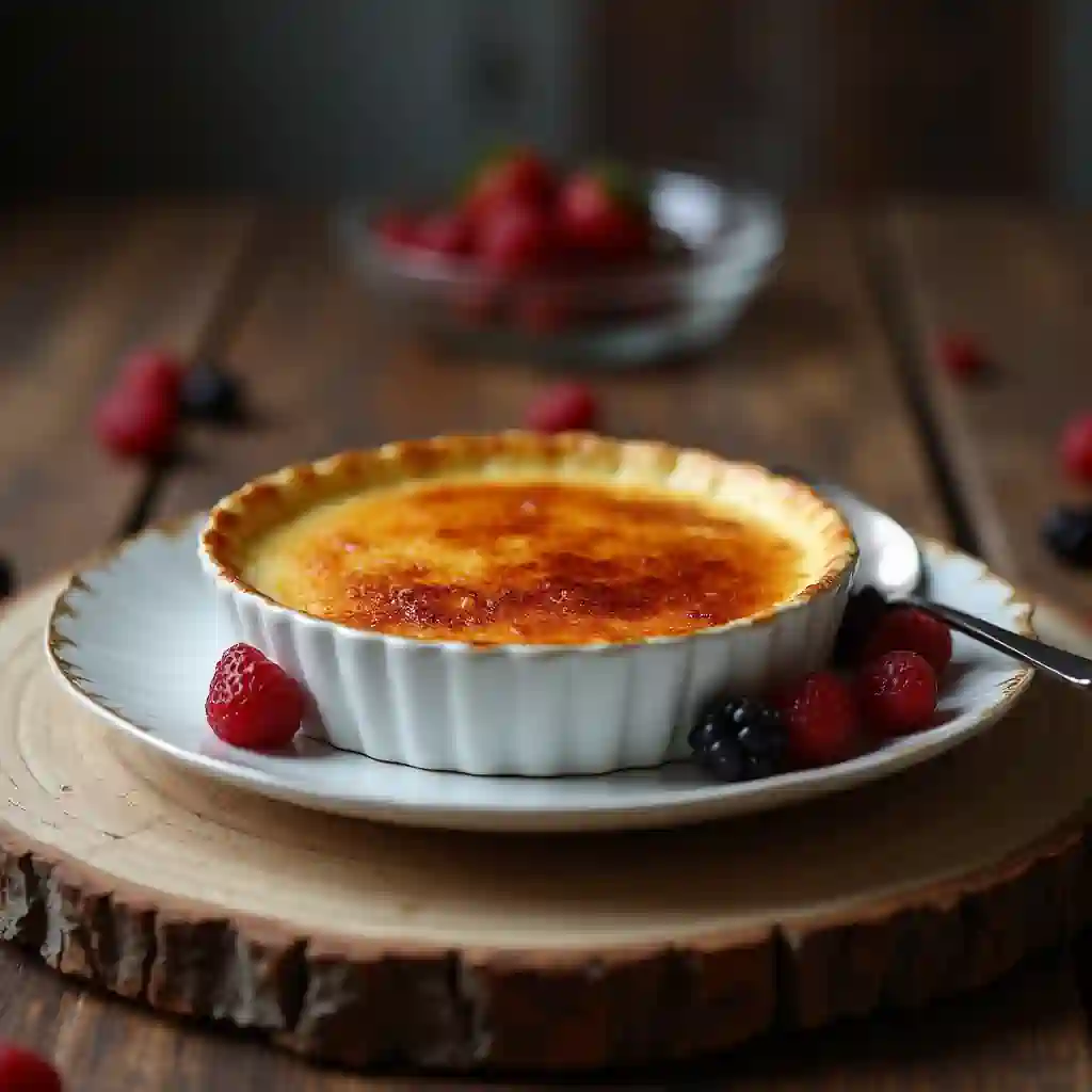Crème Brulee served with fresh berries and a spoon on a dining table.