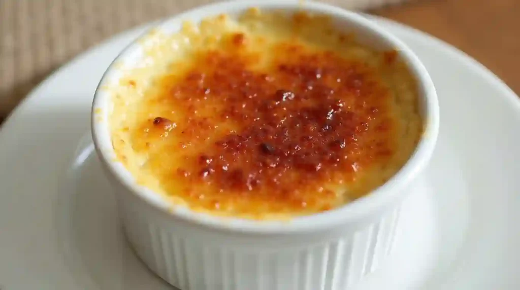 Crème Brûlée with caramelized sugar crust in a white ramekin.