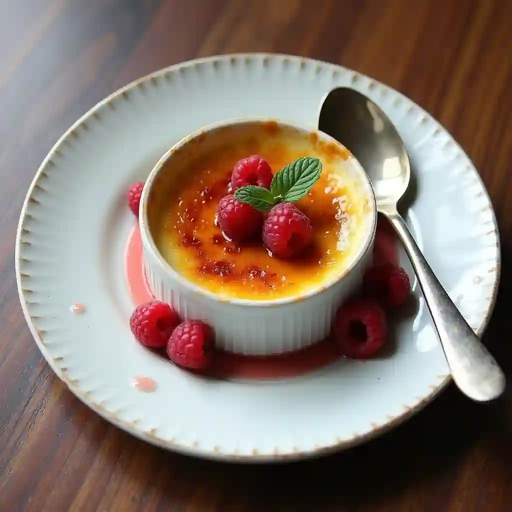 Plated Crème Brûlée garnished with fresh raspberries and mint.