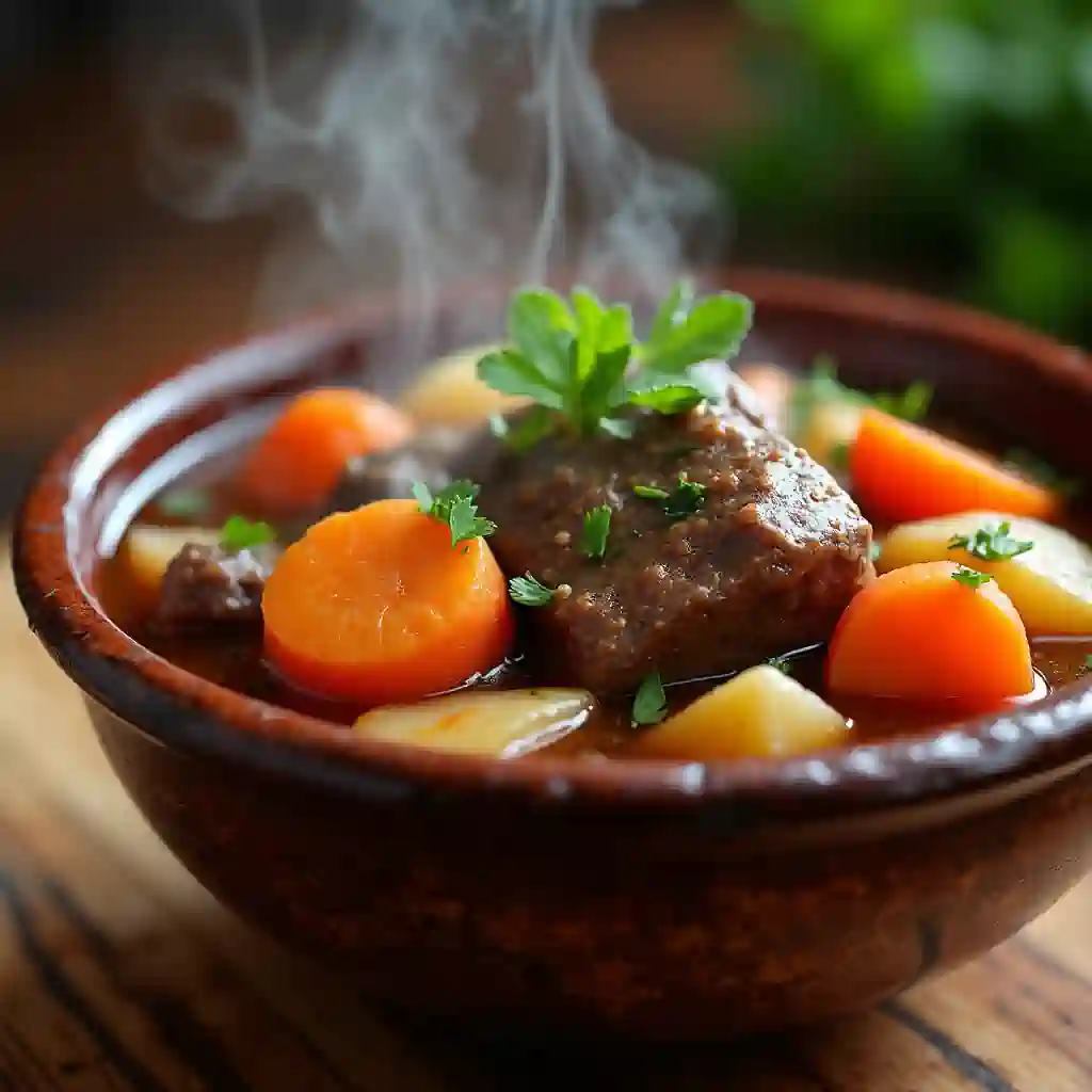 A bowl of rich beef stew with tender beef chunks, vegetables, and fresh herbs.