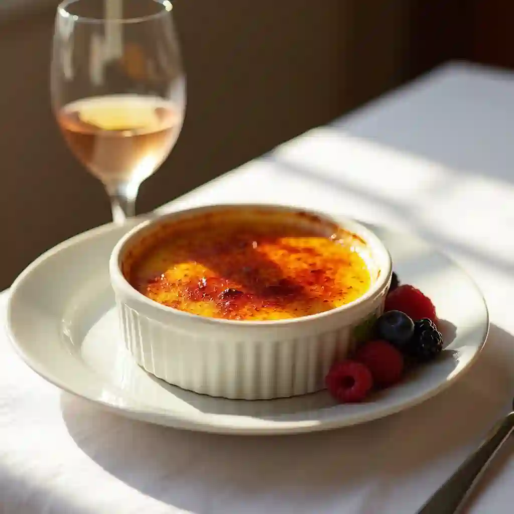 Golden crème brûlée on a white plate with fresh berries.