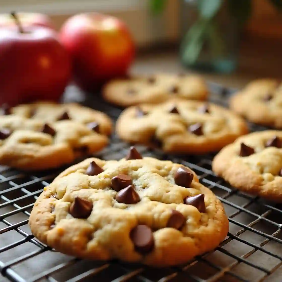 Freshly baked apple chocolate chip cookies with gooey chocolate and apple chunks