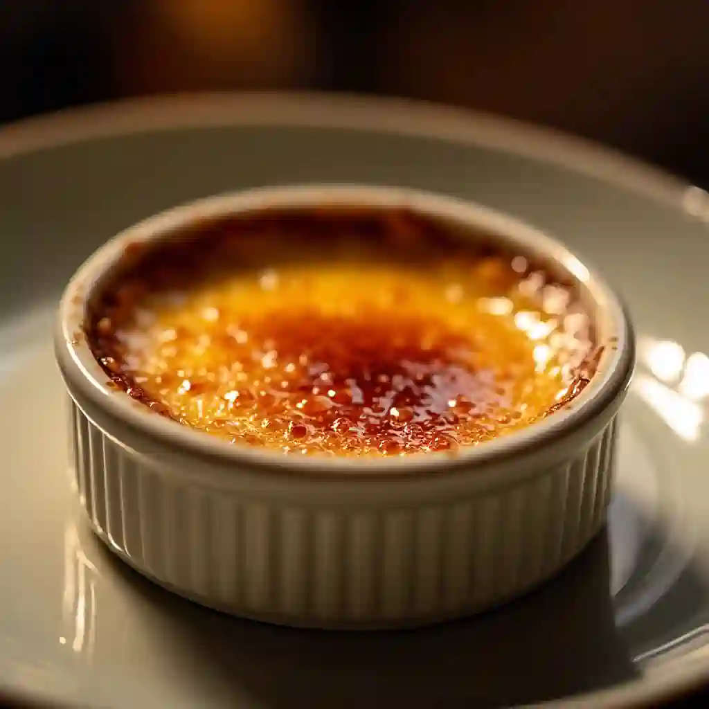 A glossy, golden-crusted crème brûlée served in a classic white ramekin on a stylish plate.