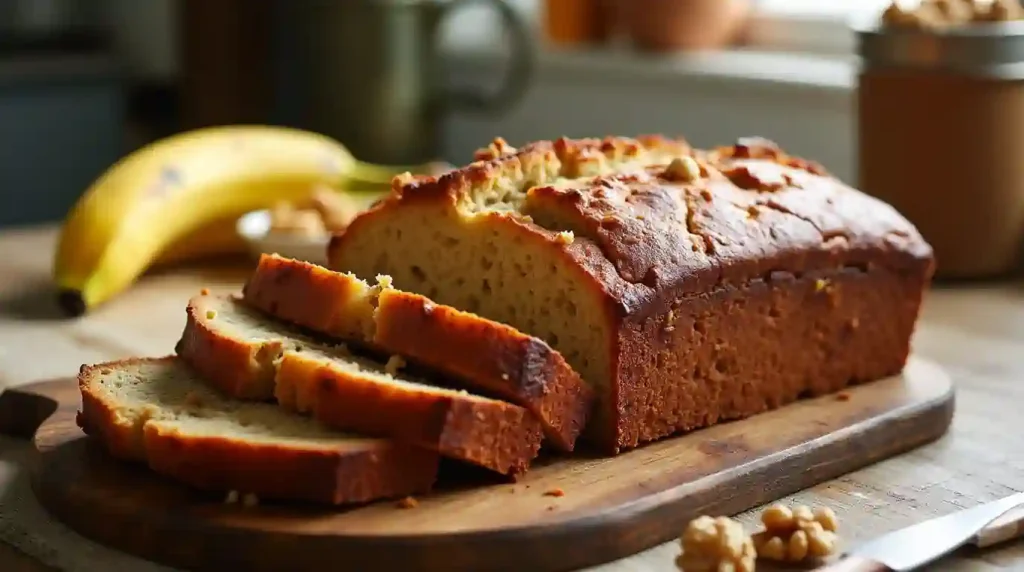 Freshly baked simple banana bread with ripe bananas and walnuts on a rustic table.