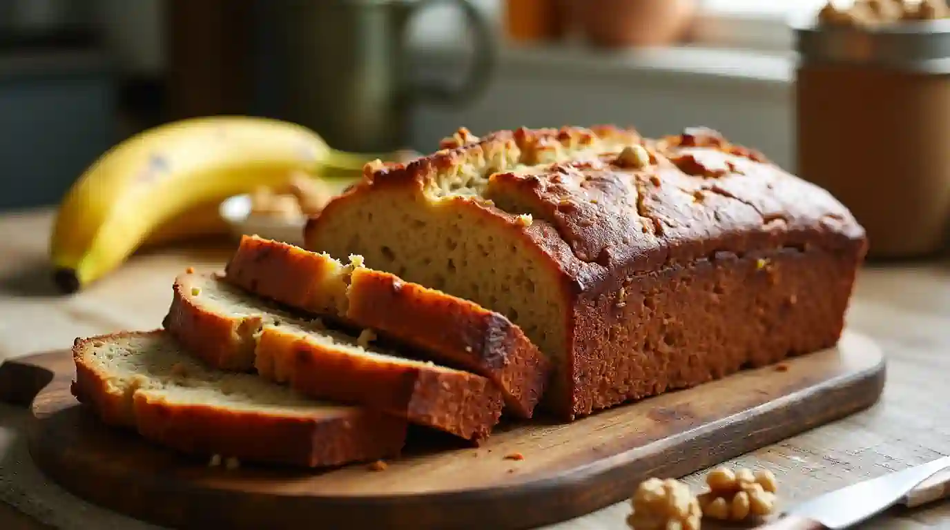 Freshly baked simple banana bread with ripe bananas and walnuts on a rustic table.