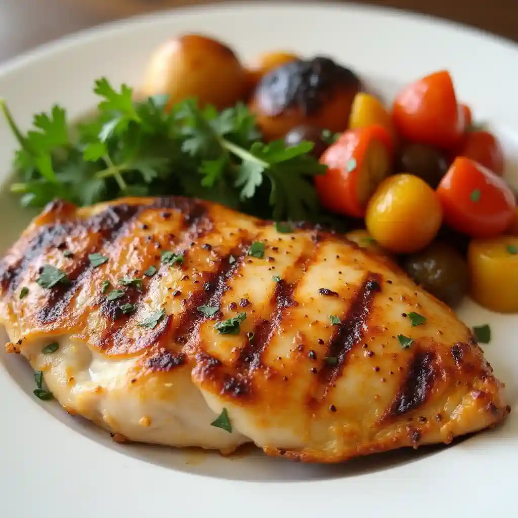 Grilled chicken breast with vegetables and parsley on a plate.
