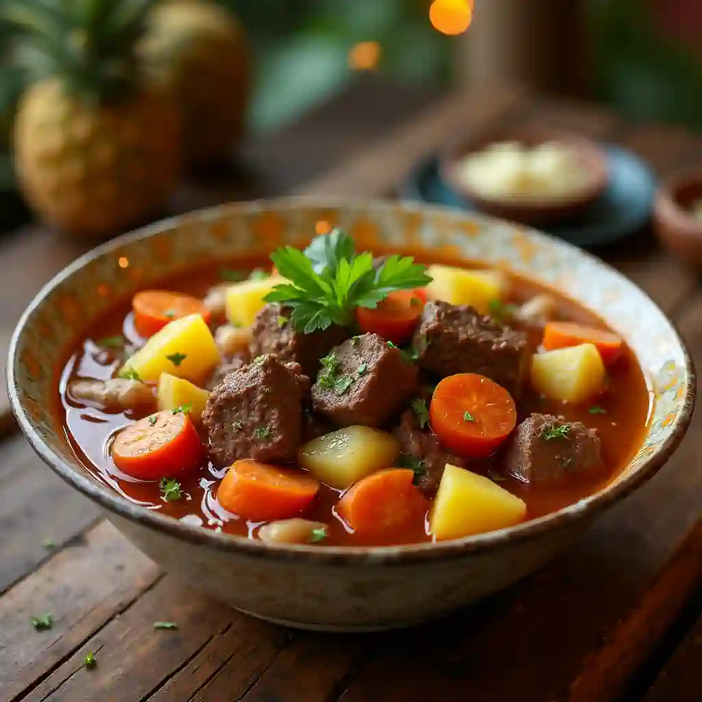 Hearty Hawaiian beef stew with beef, vegetables, and fresh herbs.
