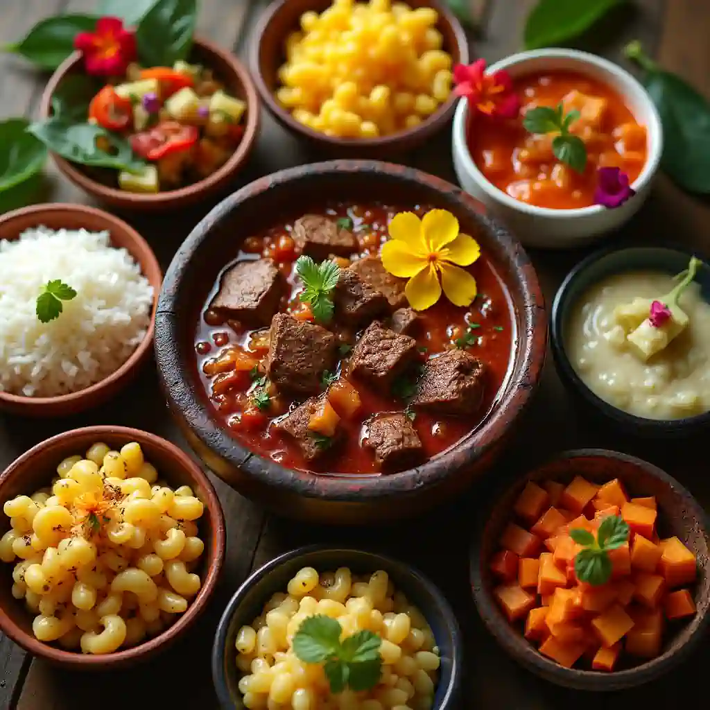 Hawaiian beef stew with 10 easy side dishes, including rice, pineapple, and macaroni salad.