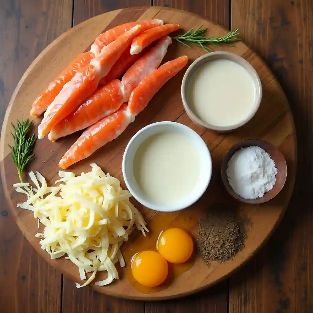 Fresh crab meat, cream, cheese, egg yolks, and spices on a wooden board.