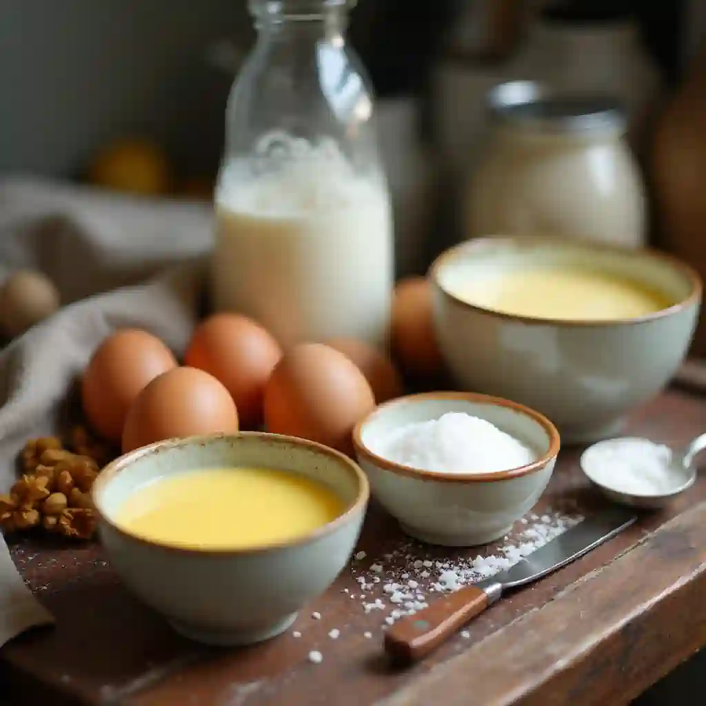 Eggs, cream, sugar, and milk on a rustic table for crème brûlée and custard.