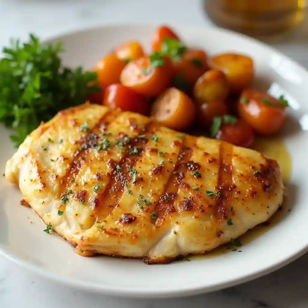 Juicy baked chicken breast with roasted vegetables on a white plate.