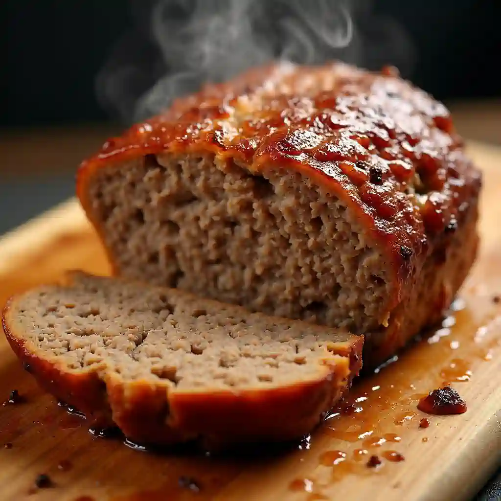 Perfectly cooked meatloaf sliced to show juicy interior