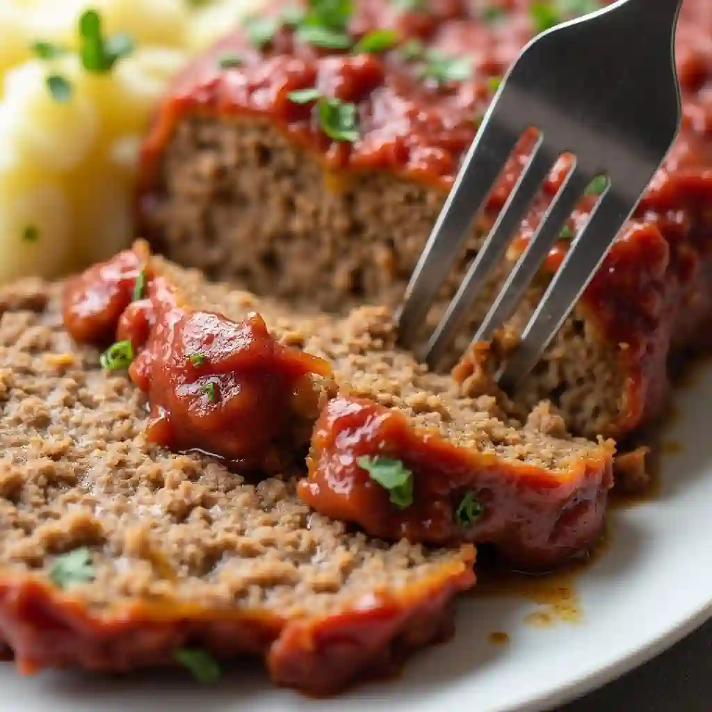 Juicy meatloaf slice with extra egg, served with mashed potatoes