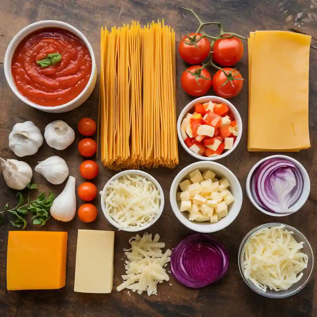 Tomato sauce, noodles, cheese, and sliced vegetables for assembling lasagna.