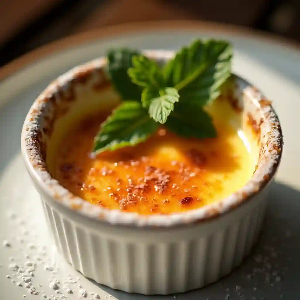 Golden caramelized Crème Brulee in a white ramekin with mint garnish.