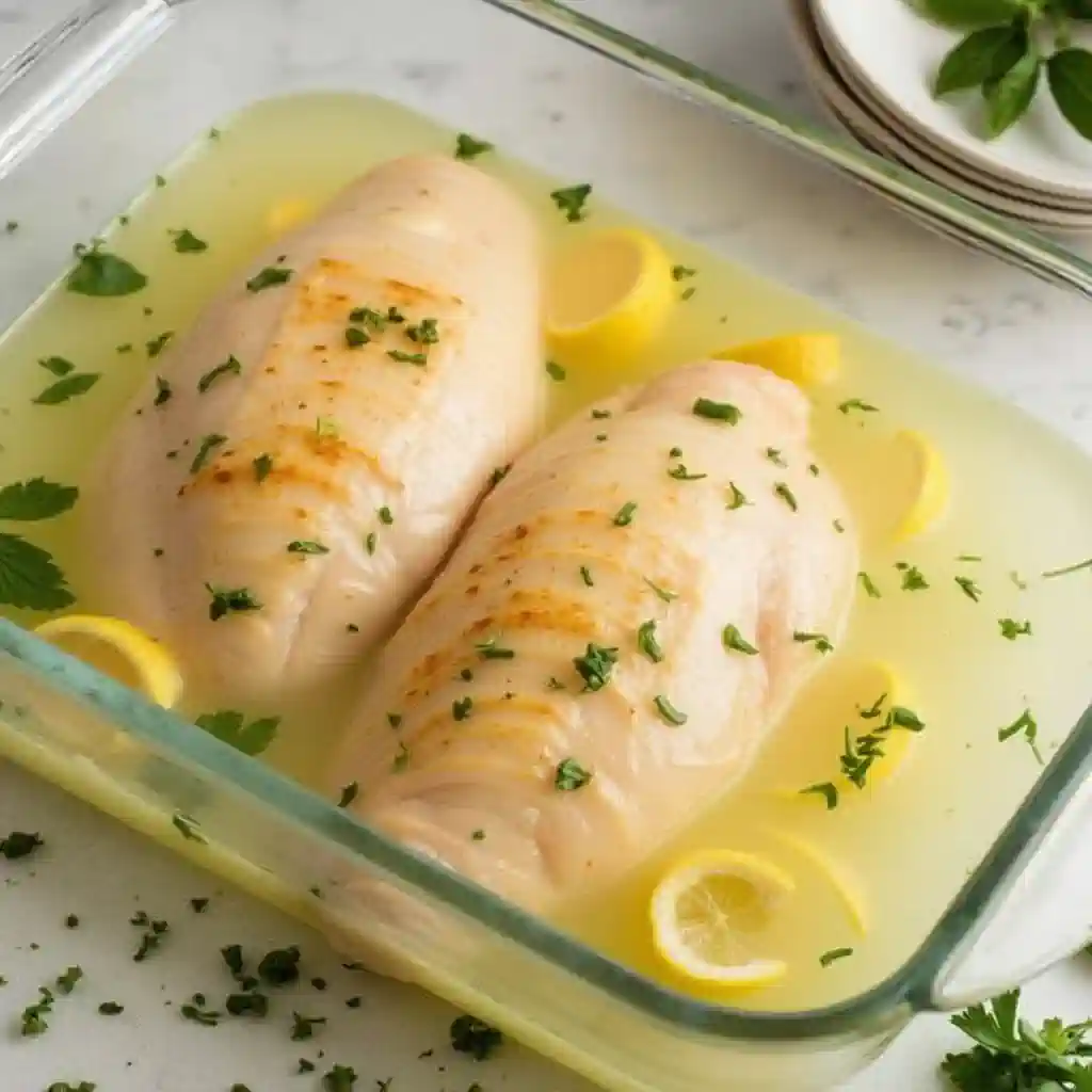 Split chicken breast marinated in lemon and buttermilk with herbs.