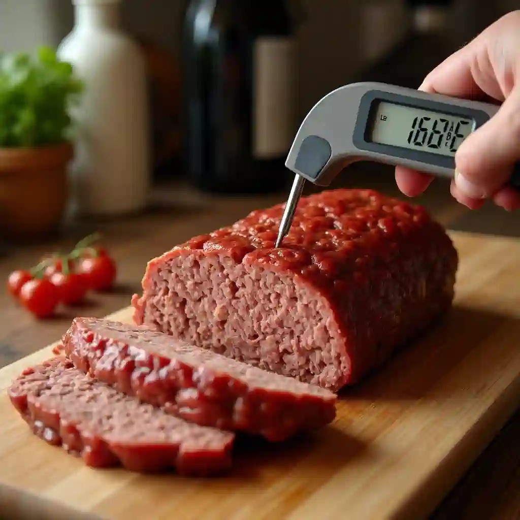 Meat thermometer showing 160°F in a 2lb meatloaf