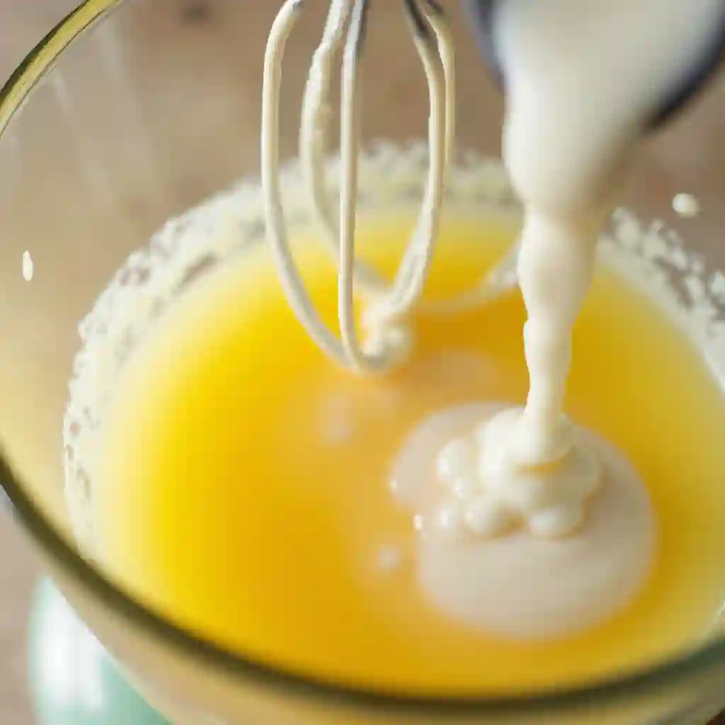Egg yolks and sugar in a glass bowl with cream being poured, creating the base for crème brûlée.
